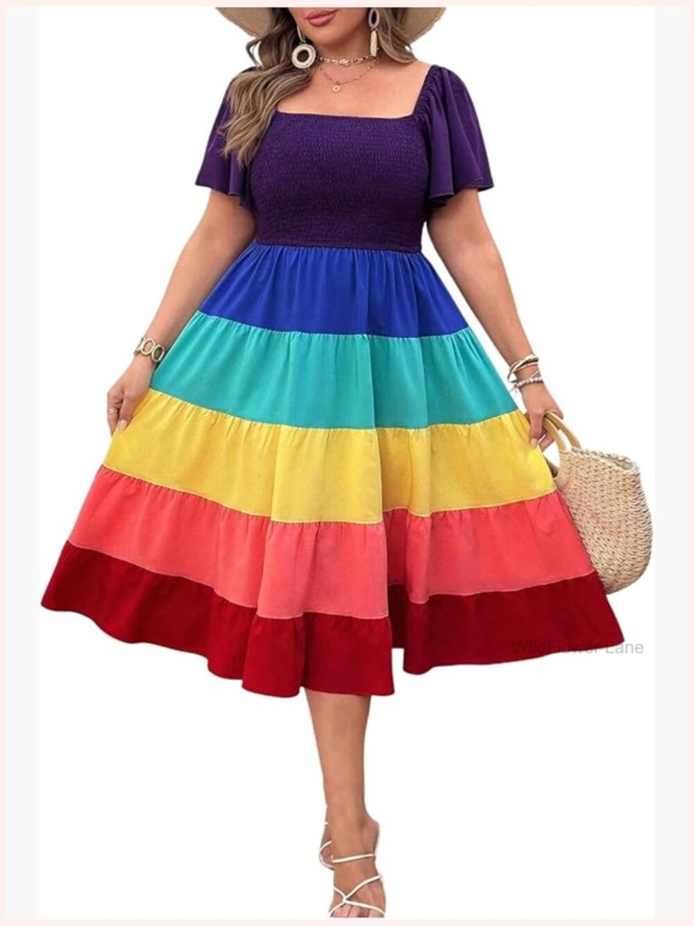 Plus Size Rainbow Striped Ruffle Midi Dress Square Neck High Waist A-Line Tiered